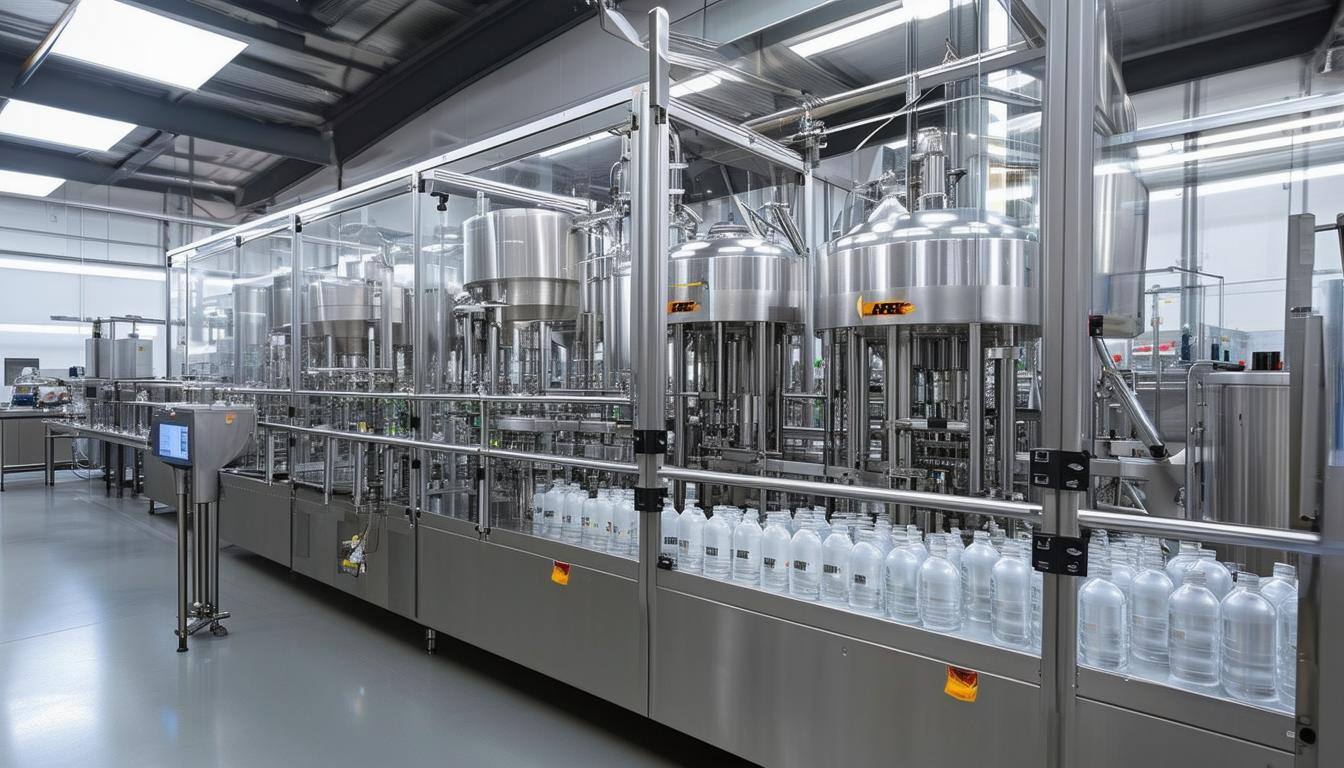 A modern copacking facility with automated filling, capping, and labeling equipment efficiently handling different bottle sizes and product viscositie