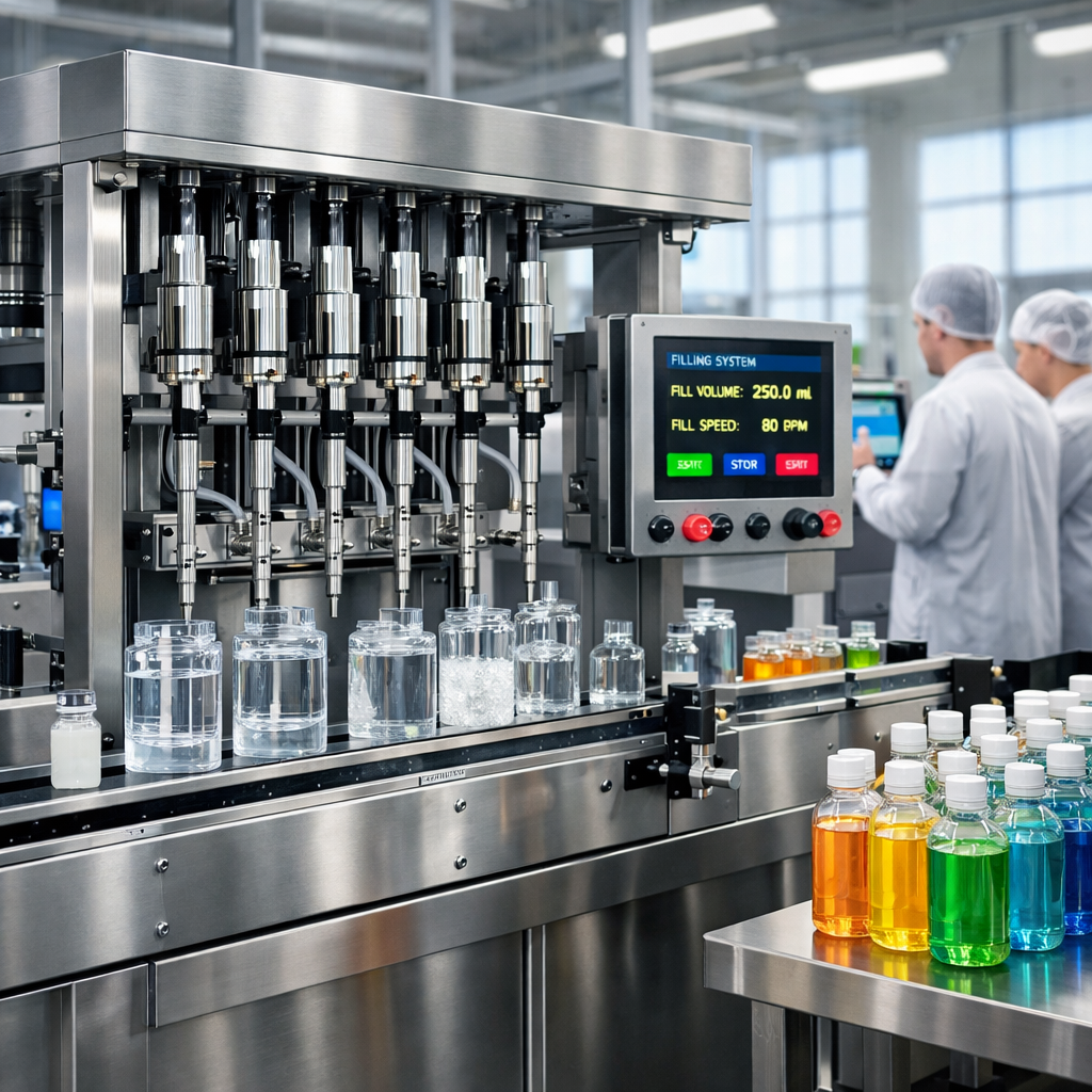 A sleek modern filling machine stands in a welllit industrial setting showcasing its advanced servodriven technology The machine features a metallic f-1