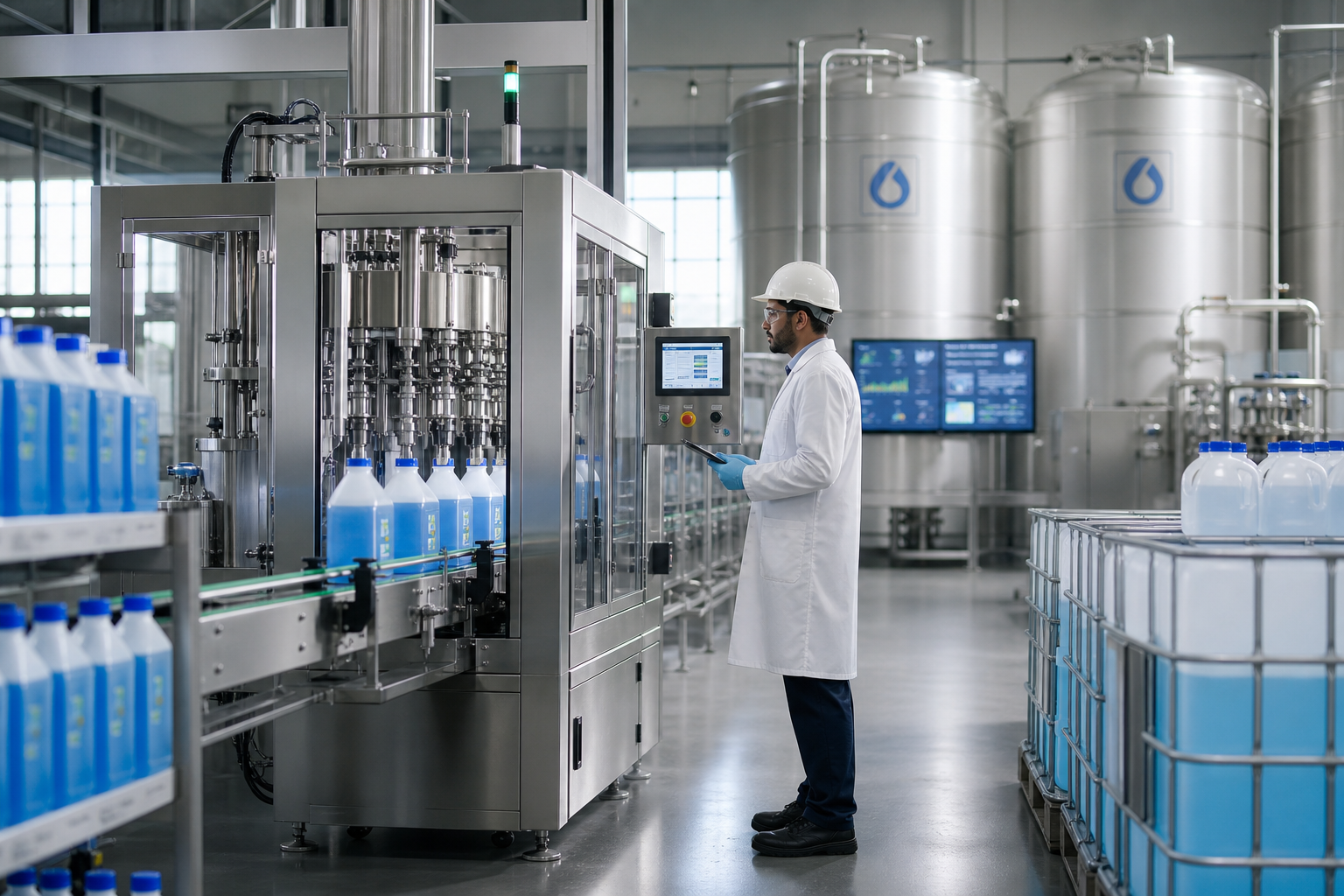 DEF Packaging Plant with Automated Filling Machine and Technician