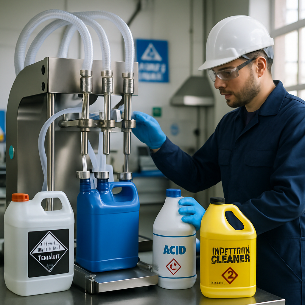 The image depicts a modern industrial setting focused on chemical filling operations In the foreground a sleek stainless steel filling machine is feat