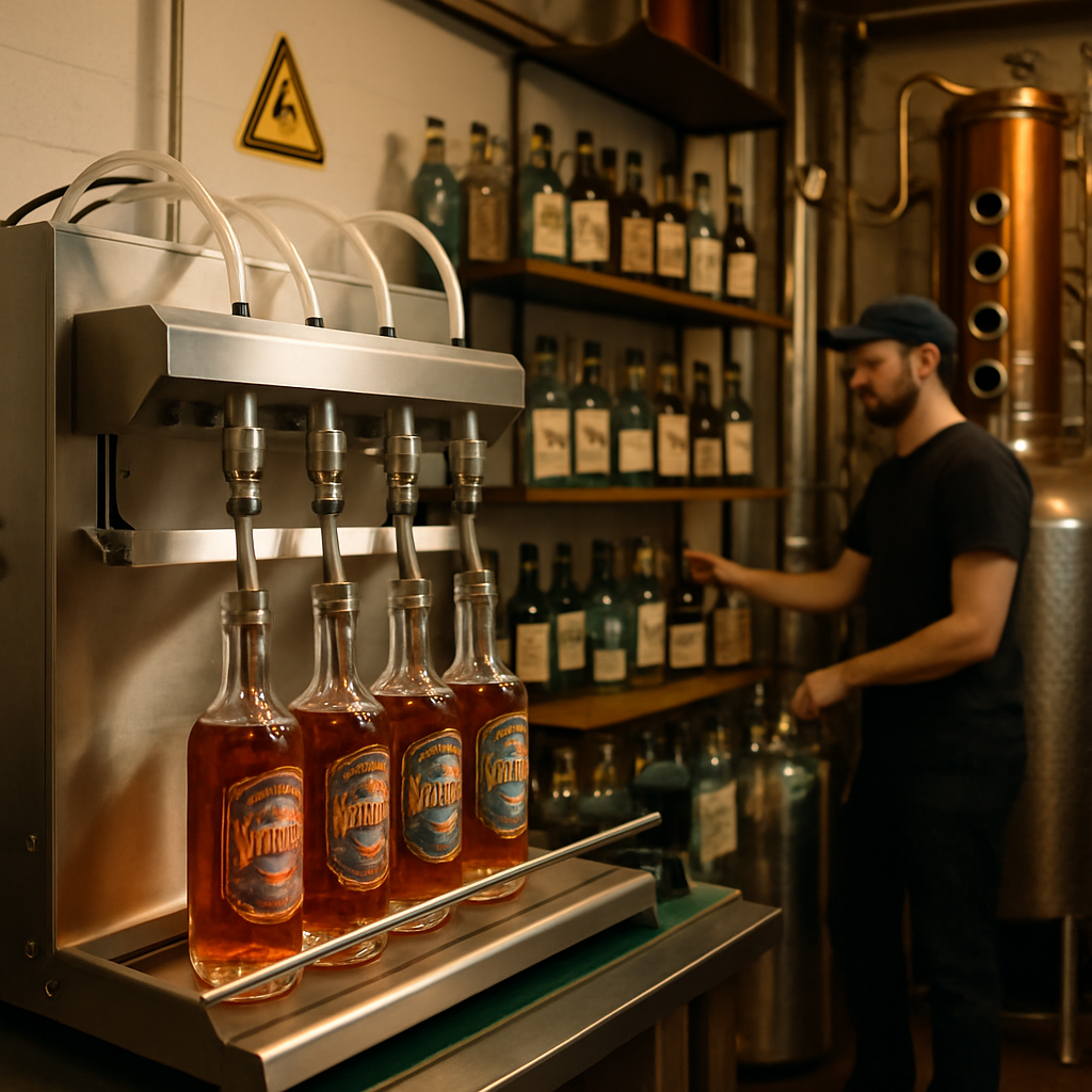 The image depicts a modern smallbatch distillery filled with gleaming stainless steel equipment In the foreground a semiautomated filling machine is i-1