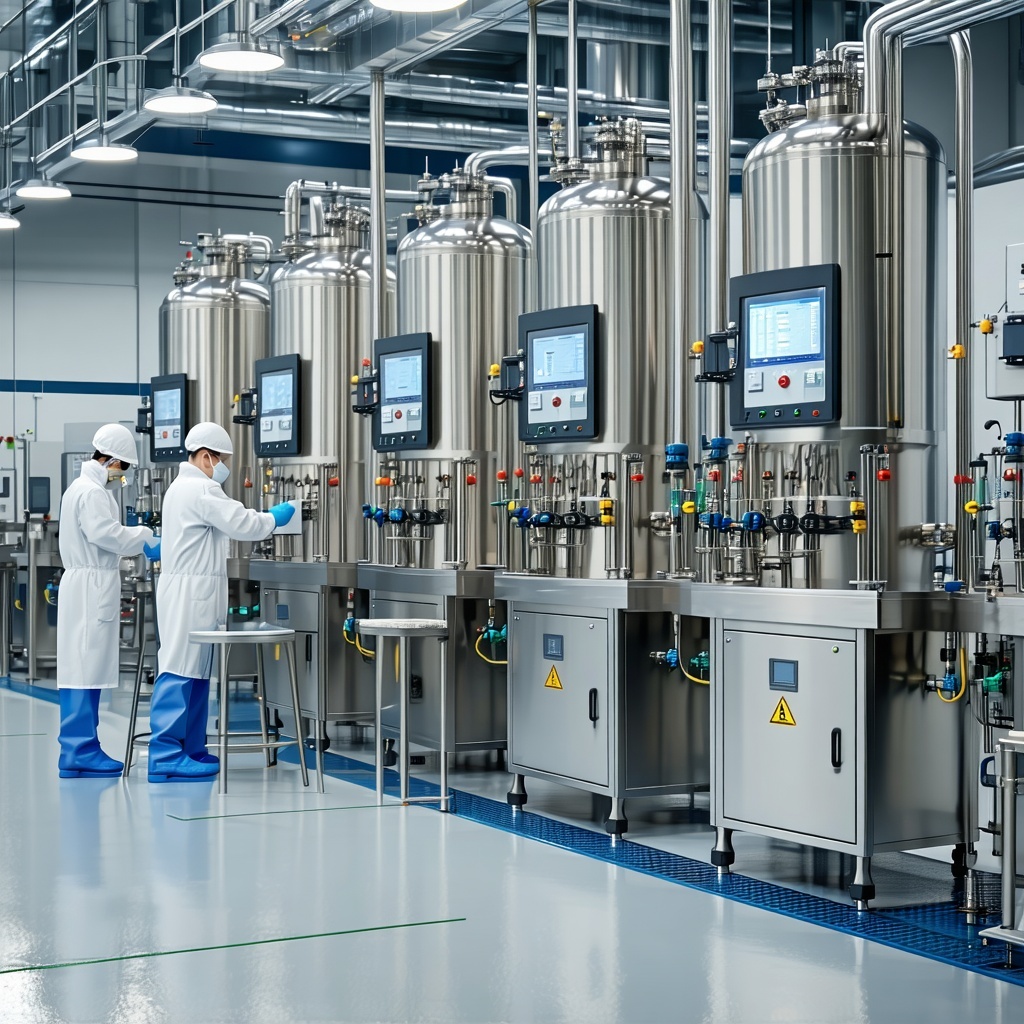 The image showcases a modern chemical filling facility emphasizing safety and efficiency In the foreground a series of hightech filling machines are arranged in a wellorganized layout constructed from corrosionresistant materials like stainless steel-1